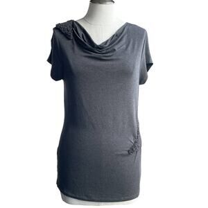 Women's Saks Fifth Avenue Gray Cowl Neck Short Sleeve Stretchy Knit Detail Top S